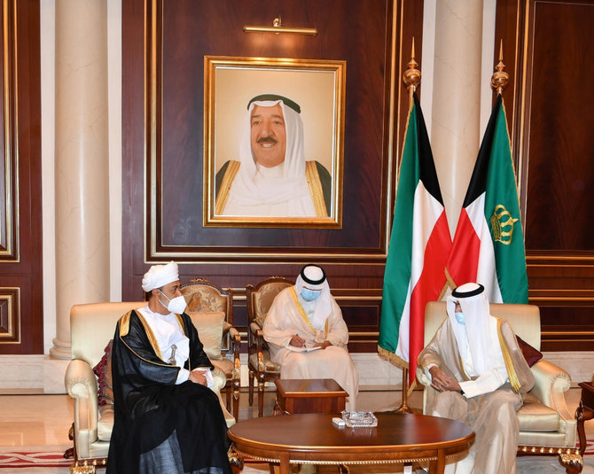 Sultan Haitham Bin Tariq Bin Taimour of Oman offers condolences to Kuwait's new Emir Nawaf Al-Ahmad Al-Sabah on the death of late Emir Sheikh Sabah Al-Ahmad Al-Sabah, in Kuwait City, October 1, 2020. (Kuwait News Agency/Reuters)