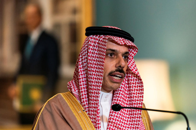 Saudi Minister of Foreign Affairs Prince Faisal bin Farhan speaks during his meeting with US Secretary of State Mike Pompeo, at the State Department, in Washington, US, October 14, 2020. (Reuters)