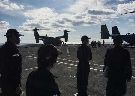 Japan Maritime Self-Defense Force soldiers watch US MV-22 Osprey aircrafts on board of the helicopter destroyer JS Kaga during Keen Sword, amid the coronavirus disease (COVID-19) outbreak, at mid-sea off south of Japan, October 26, 2020. (Reuters)