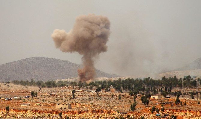 Smoke billows from a reported Russian airstrike near the village of Hafsarjah, in the western countryside of Idlib province in northwestern Syria, on September 11, 2020. (File/AFP)