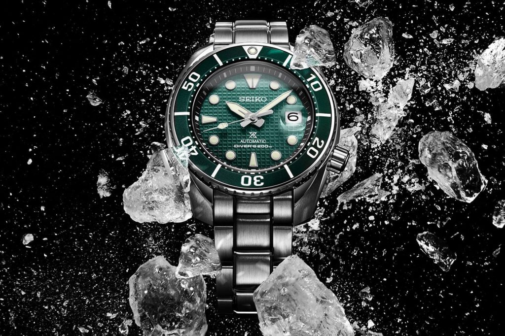 The Seiko watch is available in different colors including blue, green and grey and features a waffle-textured dial. (Seiko)