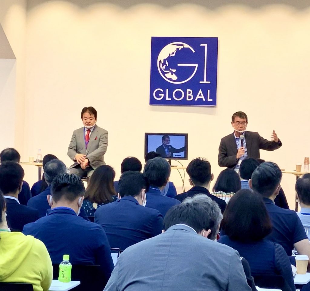 Japan's Taro Kono spoke at the 10th G1 Global Conference in Tokyo on Sunday. (ANJ Photo)