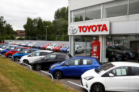 Cars are seen outside the Toyota car showroom in Stockport, following the outbreak of the coronavirus disease (COVID-19), Stockport, Britain. (Reuters/file)