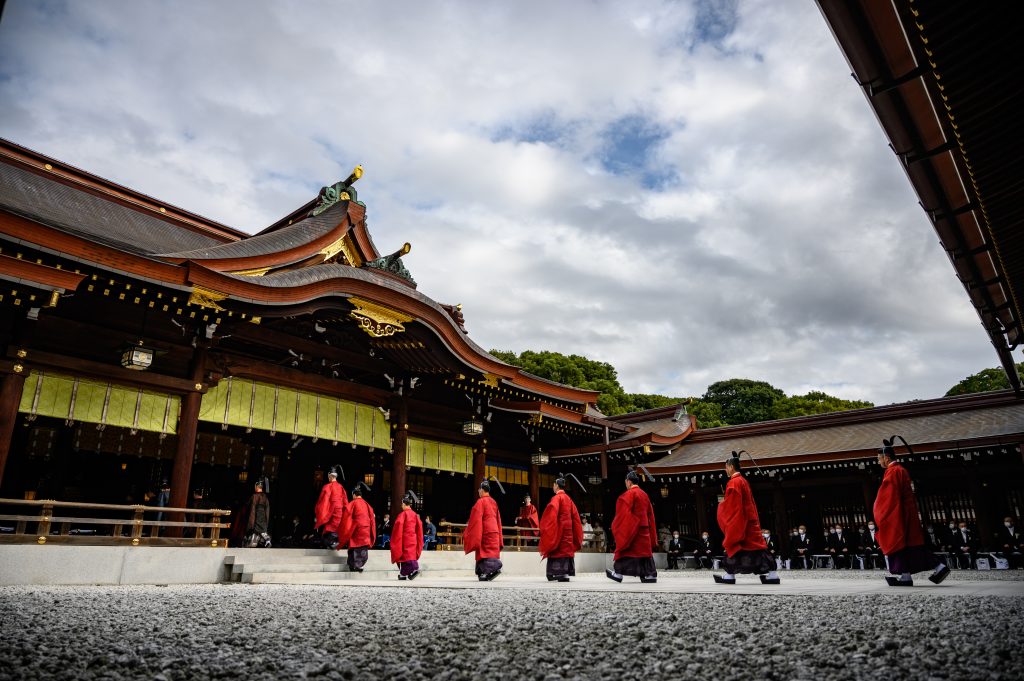 Shinto priests attend a ceremony to mark the 100th anniversary of the Meiji Shrine in Tokyo on Nov. 1, 2020. (AFP)