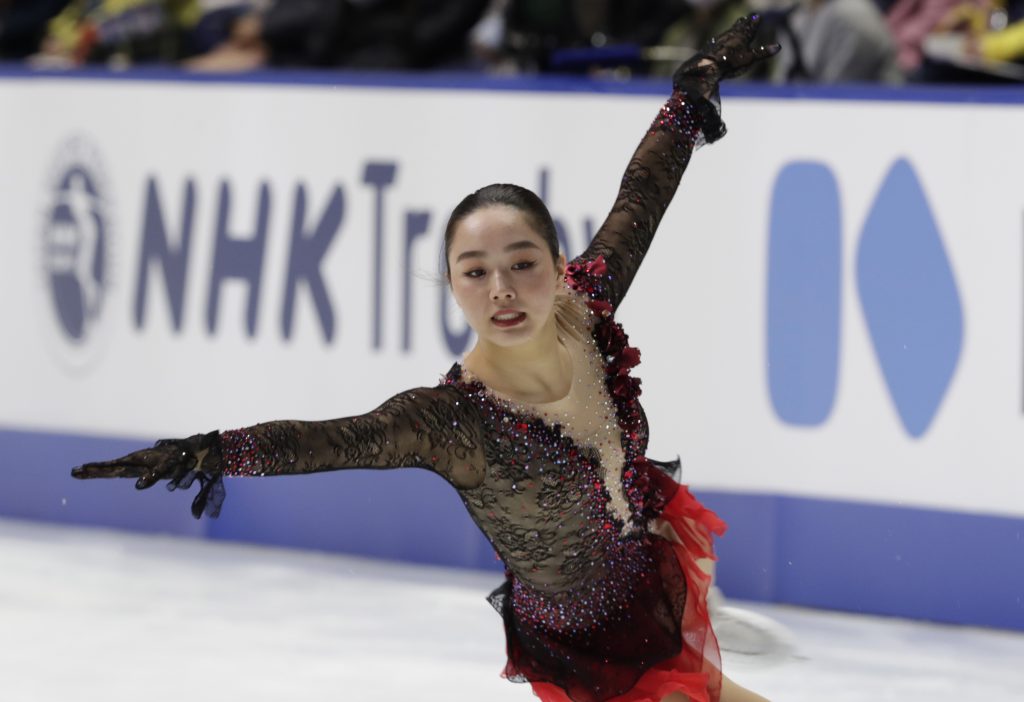 Wakaba Higuchi of Japan performs during a free skating of an ISU Grand Prix of Figure Skating competition in Kadoma near Osaka, Japan, Saturday, Nov. 28, 2020. (AP Photo/Hiro Komae)