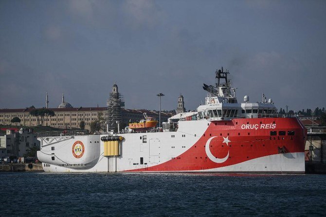 The Oruc Reis, escorted by military ships, has become the symbol of Ankara’s quest for natural gas in the eastern Mediterranean. (File/AFP)