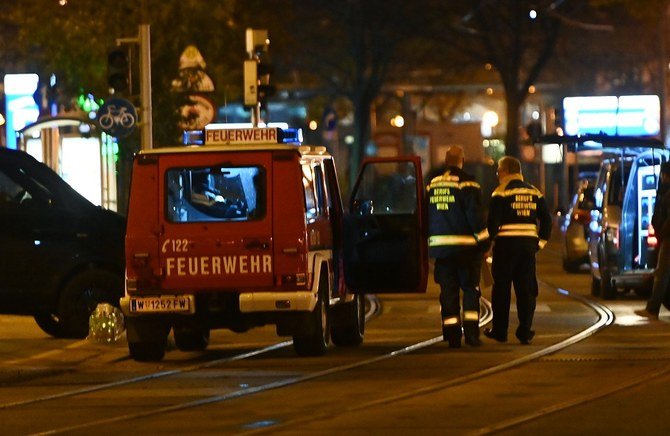Firefighters and police cars stand near Schwedenplatz square following a shooting in the center of Vienna on November 2, 2020. (File/AFP)