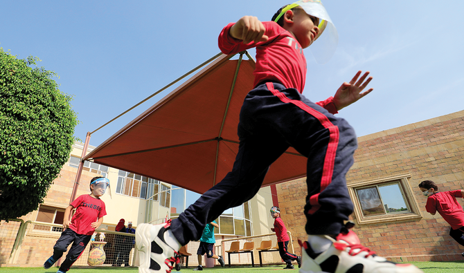 Students wearing face shields play during school recess following months of closure due to the coronavirus disease outbreak, in Cairo’s Maadi suburb. (Reuters)