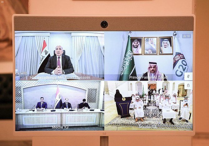 A virtual meeting was held between Saudi foreign minister Prince Faisal bin Farhan and his Iraqi counterpart, Fuad Hussein, as part of the fourth session of the Saudi-Iraqi Coordination Council. (SPA)