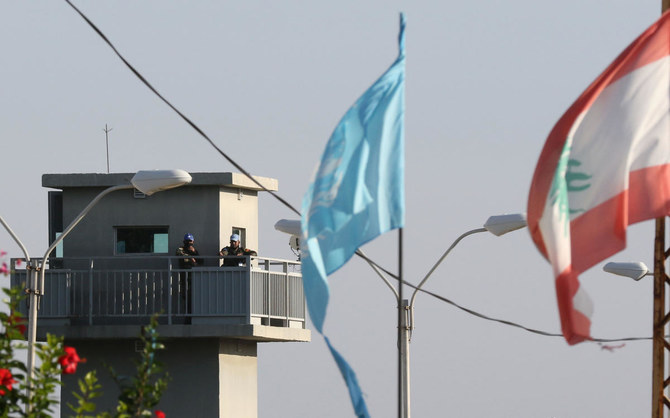 United Nations peacekeeping force (UNIFIL) stand at a watchtower in the Lebanese southern coastal area of Naqura by the border with Israel, on Nov. 11, 2020. (AFP)