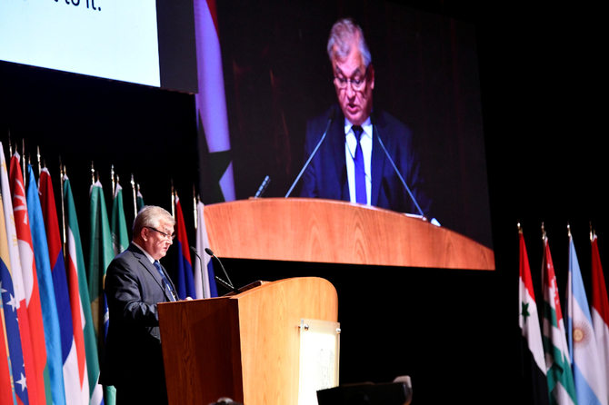 Russia's special envoy on Syria Alexander Lavrentiev speaks during the international conference on the return of Syrian refugees in Damascus on Nov. 11, 2020. (SANA/Handout via REUTERS)