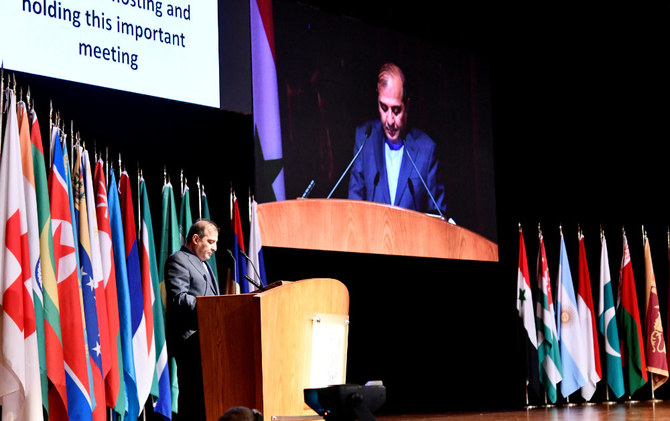 Ali-Ashgar Khaji, senior aide to Iran's foreign minister, speaks during the international conference on the return of Syrian refugees in Damascus on Nov. 11, 2020. (SANA/Handout via REUTERS)