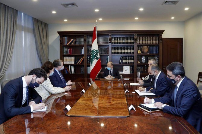 President Michel Aoun (C) meets with Patrick Durel (C-L), advisor to the French president for North Africa and the Middle East, in Baabda on the outskirts of Beirut. (AFP)