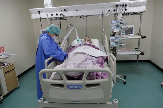 A nurse takes care of a COVID-19 patient in the Intensive care unit of the Rafic Hariri University Hospital in the Beirut on November 13, 2020. (AFP)
