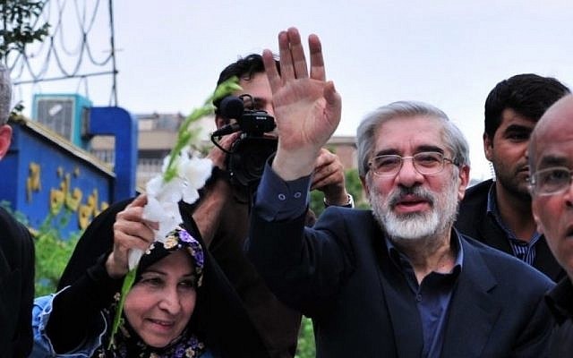 Iranian opposition leader Mir Hossein Mousavi at a rally in Tehran, 2009 (photo credit: Wikimedia Commons)