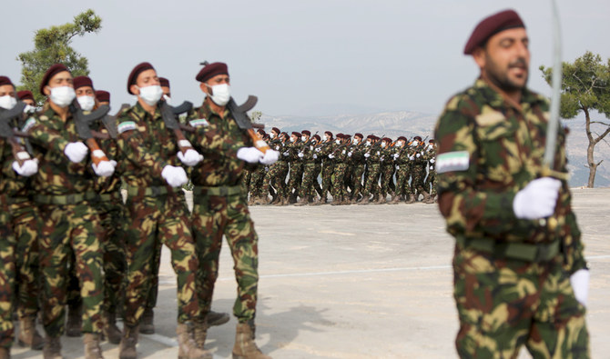 Turkish-backed Syrian rebel fighters, mask-clad due to the COVID-19 coronavirus pandemic, take part in a military parade marking the graduation of a new batch of cadets and attended by officials from the Turkey-backed opposition in the town of Jindayris, in the Afrin region of the northern Syrian rebel-held province of Aleppo, on November 14, 2020. (AFP)