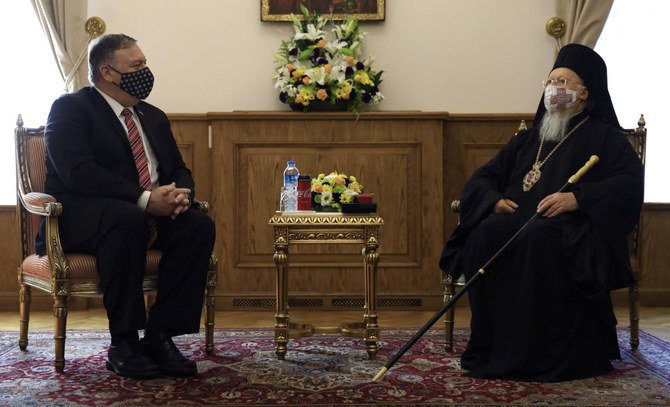 Ecumenical Patriarch Bartholomew I, right, the spiritual leader of the world’s Orthodox Christians, meets with US Secretary of State Mike Pompeo in Istanbul on Nov. 17, 2020. (AP)