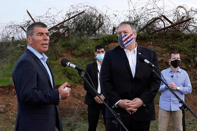 Israeli Foreign Minister Gabi Ashkenazi (L) speaks alongside US Secretary of State Mike Pompeo following a security briefing on Mount Bental in the Israeli-annexed Golan Heights. (AFP)