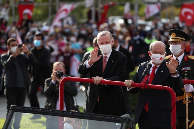 Recep Tayyip Erdogan and Ersin Tatar at an event marking the 37th anniversary of the Declaration of Independence of the Turkish Republic of Northern Cyprus, northern Nicosia, Cyprus, Nov. 15, 2020. (Reuters)