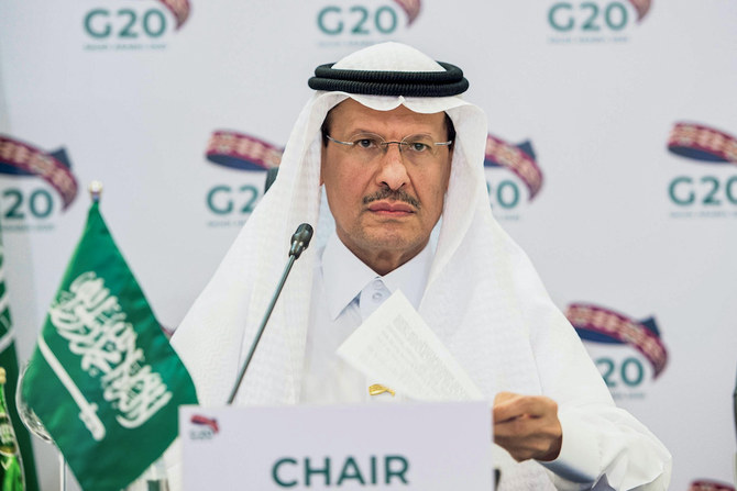 A handout photo released by the Saudi Energy Ministry shows Saudi Arabia’s Energy Minister Abdulaziz bin Salman chairing a virtual extraordinary meeting of G20 oil ministers, in the capital Riyadh. (File/AFP)