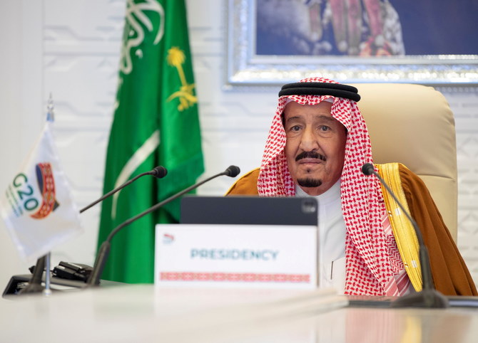 Saudi Arabia’s King Salman gives a virtual speech during an opening session of the 15th annual G20 Leaders' Summit in Riyadh on November 21, 2020. (Reuters)