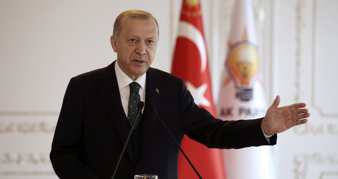 Erdogan told AKP members that Selahattin Demirtas, the HDP’s former co-chair who challenged him in the 2015 presidential elections, was a “terrorist who has blood on his hands.” (AP)