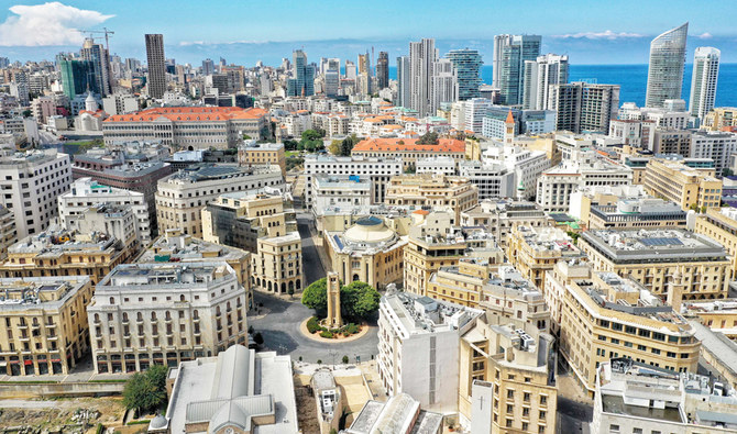 This picture taken on March 21, 2020 shows an aerial view of the Place de l'Etoile (Sahet al-Nejme) where the Lebanese parliament is located, with the government palace seen behind, in the centre of Lebanon's capital Beirut. (AFP)