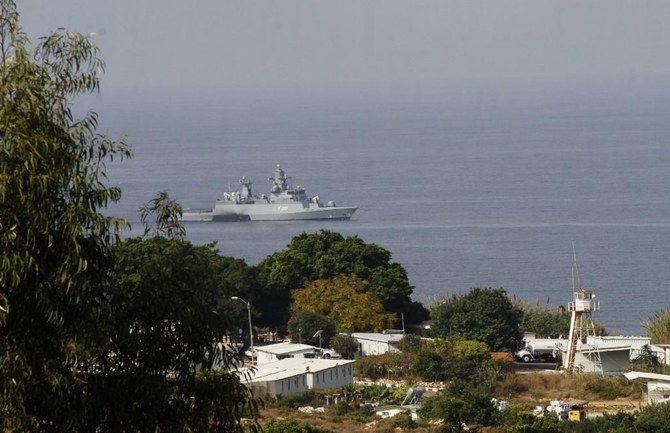 Lebanon and Israel are aiming to resolve a dispute about their maritime border that has held up hydrocarbon exploration in the potentially gas-rich area. Above, an Israeli navy corvette on southern Lebanese border town of Naqura as it patrols the waters. (AFP file photo)
