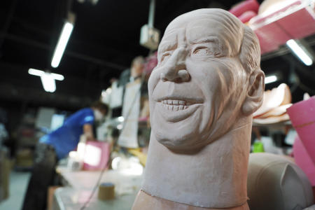 A mold base for rubber masks depicting President-elect Joe Biden is placed on a production line at the Ogawa Studios in Saitama. (AP)