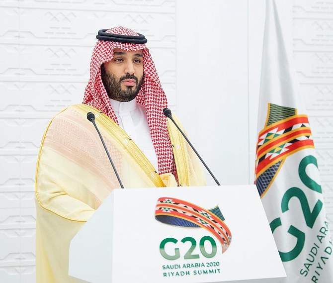 Saudi Arabia’s Crown Prince Mohammed bin Salman delivers the closing remarks at 15th G20 Summit on Nov. 22, 2020 in Riyadh, Saudi Arabia. (SPA)