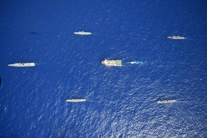 Seismic research vessel Oruc Reis (center) is escorted by Turkish Naval ships on its way for hydrocarbon exploration in the Mediterranean Sea on Aug. 10, 2020. (Turkish Defense Ministry via AFP)