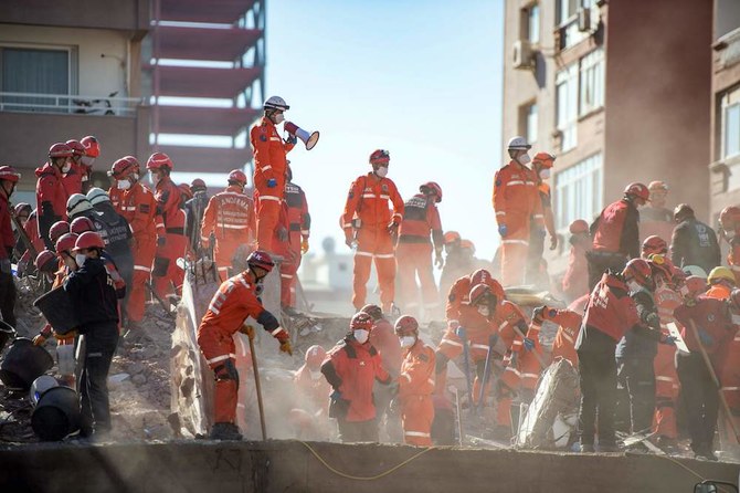 Rescue teams look for survivors and victims in the city of Izmir on November 2, 2020, after a powerful earthquake struck Turkey’s western coast and parts of Greece. (AFP)