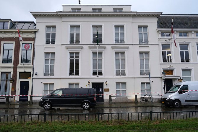 Dutch police roped off the area around Saudi Arabia's embassy in The Hague, Netherlands, Thursday, Nov. 12, 2020, after several shot were fired at the building early in the morning. (AP)