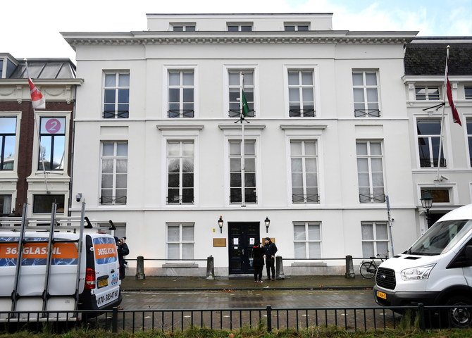 The exterior of the Embassy of Saudi Arabia is pictured after unidentified assailants sprayed it with gunfire, in The Hague, Netherlands November 12, 2020. (Reuters)