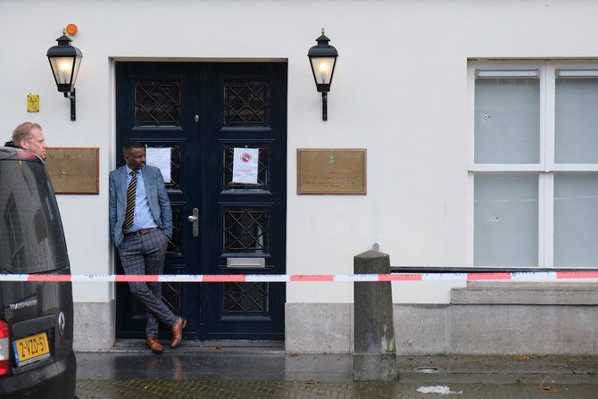 Bullet impacts are seen in the windows of Saudi Arabia's embassy in The Hague, Netherlands, Thursday, Nov. 12, 2020, after several shot were fired at the building early in the morning. Nobody was injured and police were investigating. (AP)