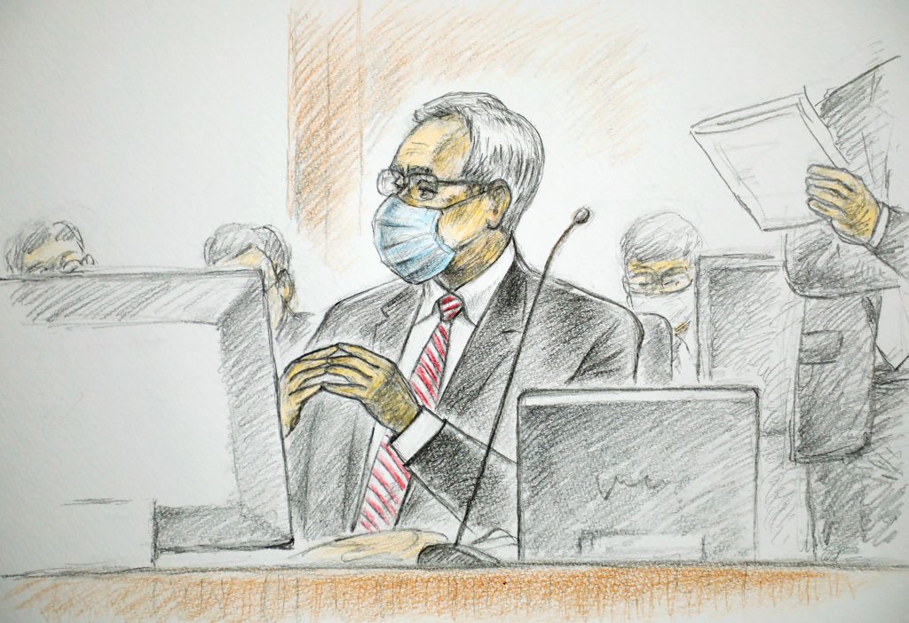 This courtroom sketch illustrated by Masato Yamashita depicts former Nissan executive Greg Kelly attending his first hearing at the Tokyo district court on September 15, 2020. Greg Kelly, a former aide to ex-Nissan chief Carlos Ghosn, pleaded not guilty on September 15 to allegations of financial misconduct as his trial began in Tokyo. (AFP)