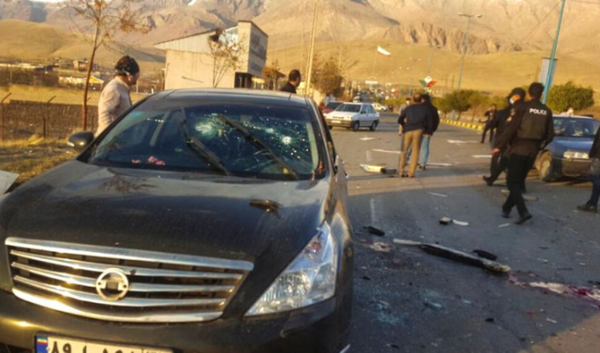 The scene of where Mohsen Fakhrizadeh was killed in Absard, a small city just east of the capital, Tehran. (AP)