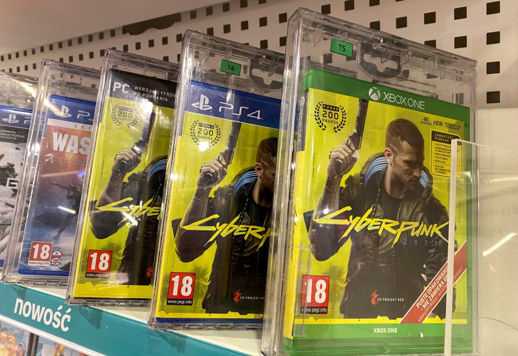 Boxes with CD Projekt's game Cyberpunk 2077 are displayed in Warsaw, Poland, Dec. 14, 2020. (REUTERS)