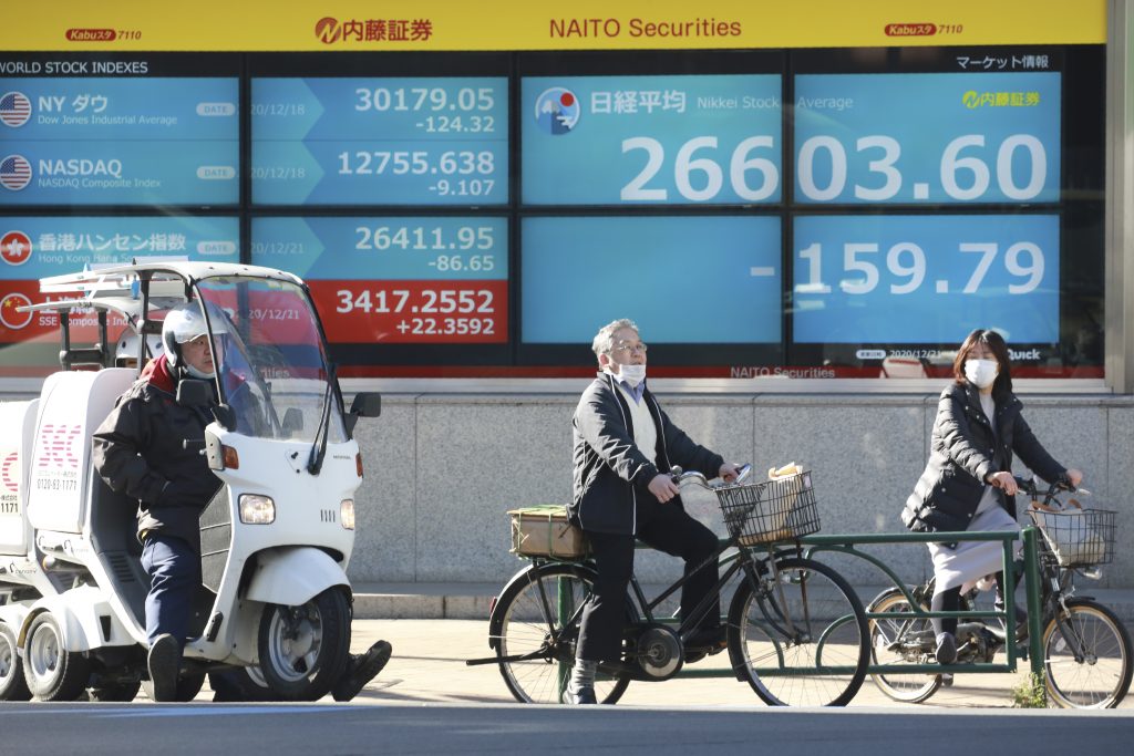 People wait at an electronic stock board of a securities firm in Tokyo, Monday, Dec. 21, 2020. Shares started the week out on a sour note in Asia as worsening coronavirus outbreaks overshadowed news that U.S. lawmakers finally have a deal on more support for American families and businesses. (File photo/AP) 