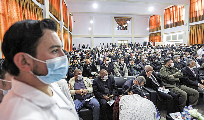 Syrian students from Aleppo University in Liberated Areas are seen at their graduation ceremony on the campus in Azaz in the northern countryside of Syria’s Aleppo province. (AFP)