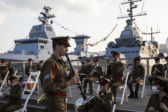A ceremony is held to celebrate the arrival of the first of four new Sa'ar 6 ships in Haifa, Israel on Wednesday, Dec. 2, 2020. (AP)
