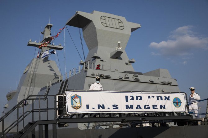 Israeli sailors stand on board the first of four new Sa'ar 6 ships in Haifa, Israel on Wednesday, Dec. 2, 2020. (AP)