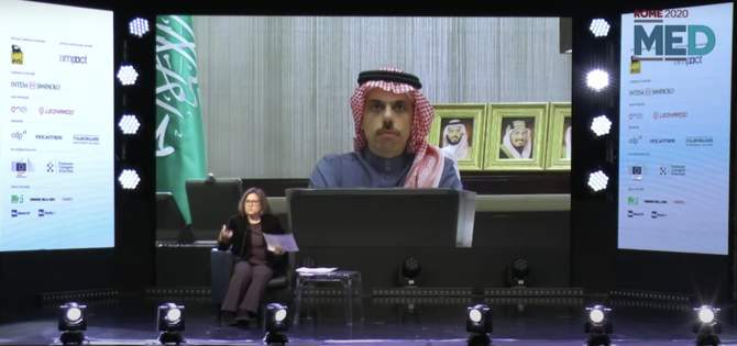 Saudi Arabia’s Foreign Minister Prince Faisal bin Farhan was speaking at the Mediterranean Dialogues Forum (MED) held in Rome, Italy on Dec. 4, 2020. (Screengrab)