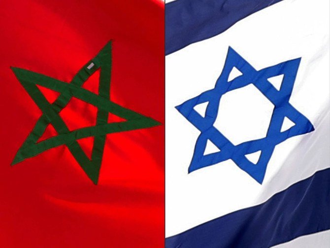This combination of file pictures created on December 10, 2020 shows a Moroccan flag off the coasts of the city of Cayenne on March 21, 2012 and an Israeli national flag on September 23, 2020. (AFP)