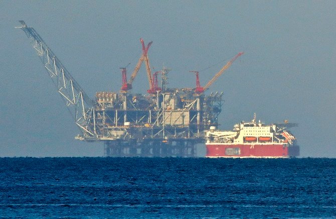 A view of the platform of the Leviathan natural gas field in the Mediterranean Sea is pictured from the Israeli northern coastal city of Caesarea on December 19, 2019. (File/AFP)
