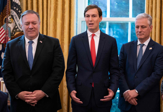 In this file photo taken on October 23, 2020 Senior Advisor to the President Jared Kushner (C), with Secretary of State Mike Pompeo (L) and National Security Advisor Robert O'Brien, speaks as US President Donald Trump announces in Washington that Sudan will normalize relations with Israel. (AFP / ALEX EDELMAN)