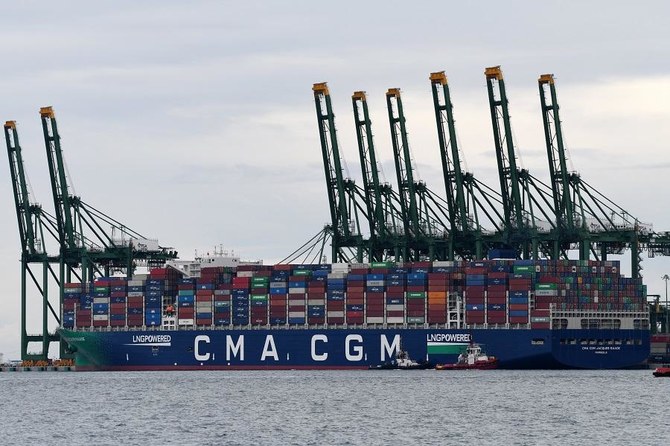 The CMA CGM Jacques Saade, the world’s largest container ship to be fully-powered by liquefied natural gas (LNG), is seen docked at the CMA CGM-PSA Lion Terminal in Singapore on October 11, 2020. (File/AFP)