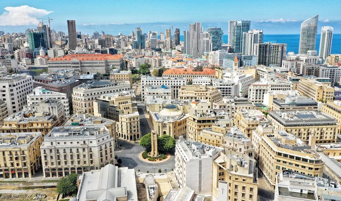 This picture taken on March 21, 2020 shows an aerial view of the Place de l'Etoile (Sahet al-Nejme) where the Lebanese parliament is located, with the government palace seen behind, in the centre of Lebanon's capital Beirut. (AFP)