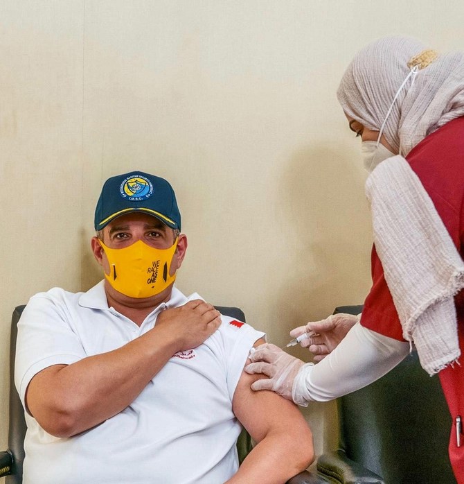 Crown Prince of Bahrain Sheikh Salman bin Hamad Al-Khalifa volunteered to receive a dose in the third phase of the COVID-19 coronavirus vaccine developed by Sinopharm CNBG, in Manama on Sept. 16. (File/AFP)