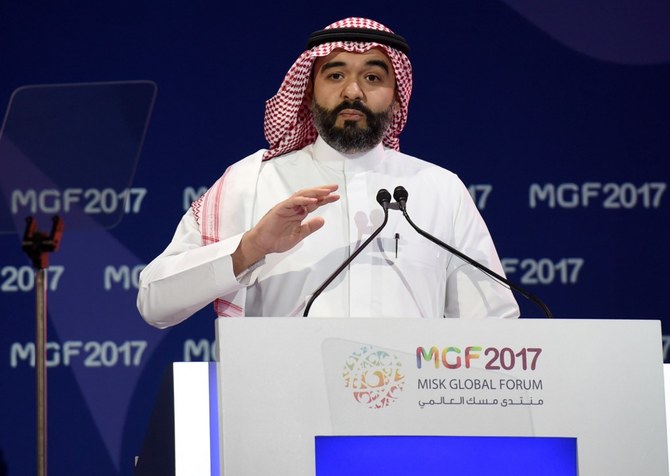 Saudi Minister of Communication and Information Technology Abdullah Al-Swaha speaks during the “MiSK Global Forum” in Riyadh, on Nov. 15, 2017. (File/AFP)